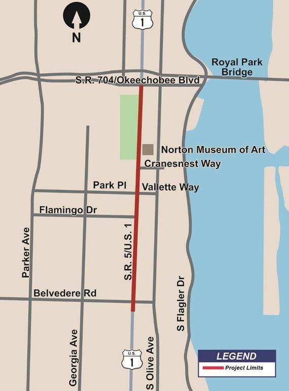 Project Update: U.S. 1 Resurfacing Improvements Begin This May, MAP showing project limits between Belvedere Road and Okeechobee Boulevard 