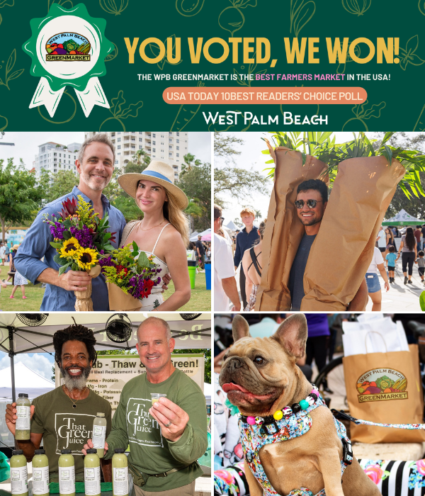 WPB GreenMarket Collage, people smiling, some holding plants, flowers, juice and there's a dog ( a little pug) 