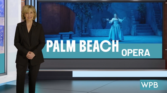 image features a person in professional attire standing in a studio. Behind them, a screen displays the text "Palm Beach Opera"