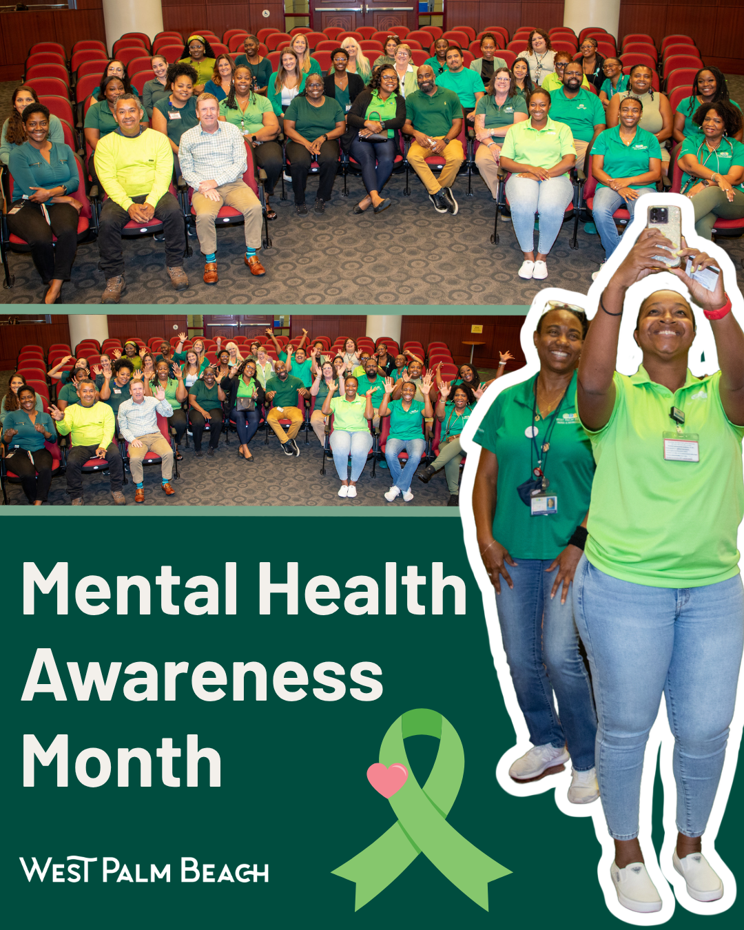Group photo of smiling people in a large auditorium, many wearing green outfits. Text reads "Mental Health Awareness Month" with a green ribbon