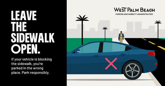 A blue car with a red X is parked on a sidewalk in an urban area. A person walks in the background, approaching a crosswalk lined with palm trees. 
