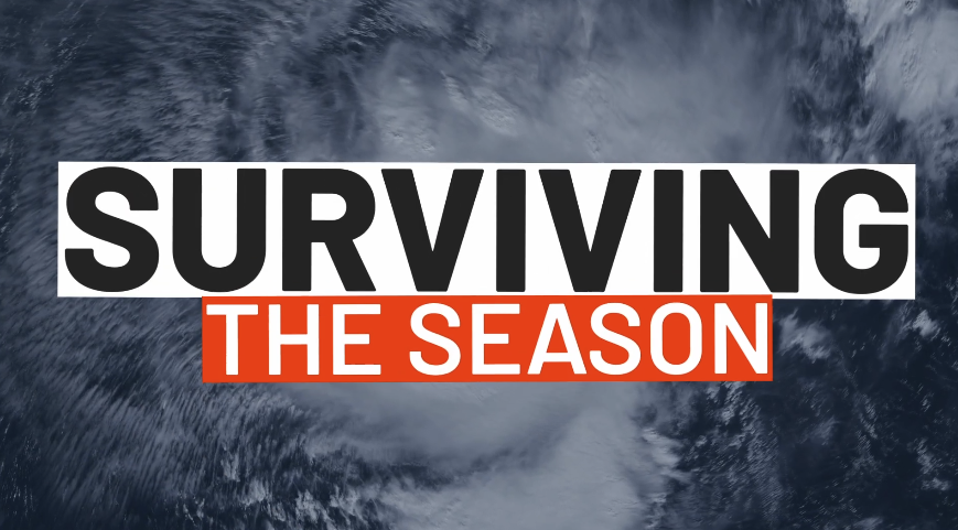 graphic that says "surviving the season" with the image of a hurricane eye in the background 