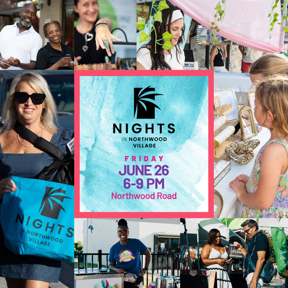 collage features vibrant scenes from the "Nights in Northwood Village" event. Event info: Friday, June 26, 6-9 PM, Northwood Road.