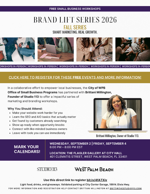  Promo graphic: City of West Palm Beach Brings Back Free Brand Lift Series for Small Businesses, details in caption