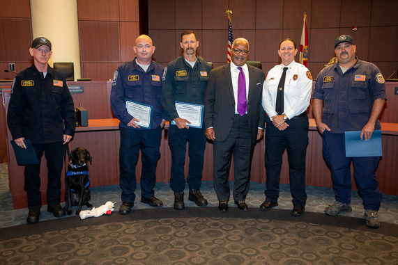 Mayor and Chief Matty with honored Firefighters who helped after Venezuelan Earthquake