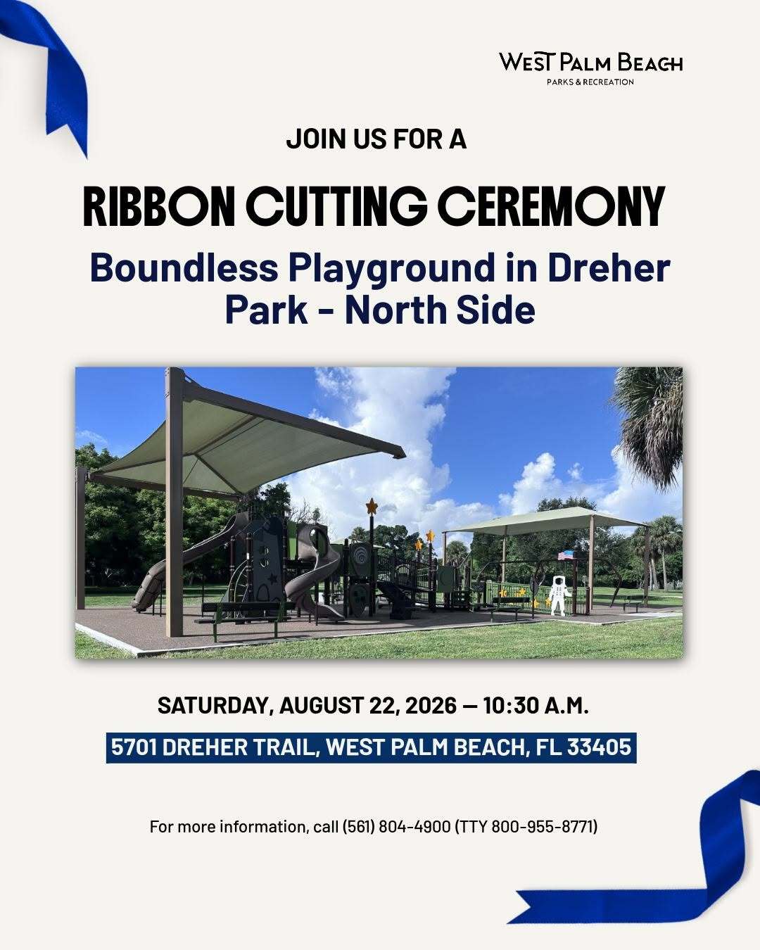 Join us for the ribbon cutting of the brand-new Boundless Playground at Dreher Park Saturday, August 22, 2026 | 10:30 a.m. 