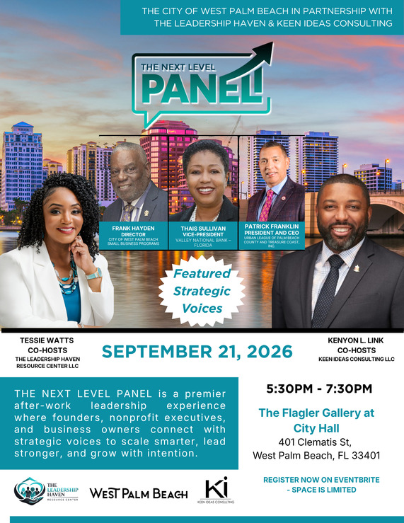 “The Next Level Panel” flyer. The event will take place at the Flagler Gallery (City Hall) on September 21, 2026, from 5:30 PM to 7:30 PM.