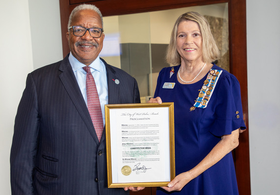 Mayor Keith James and Susan Earle take of photo with Constitution Week (Sept. 17-23, 2026) proclamation 