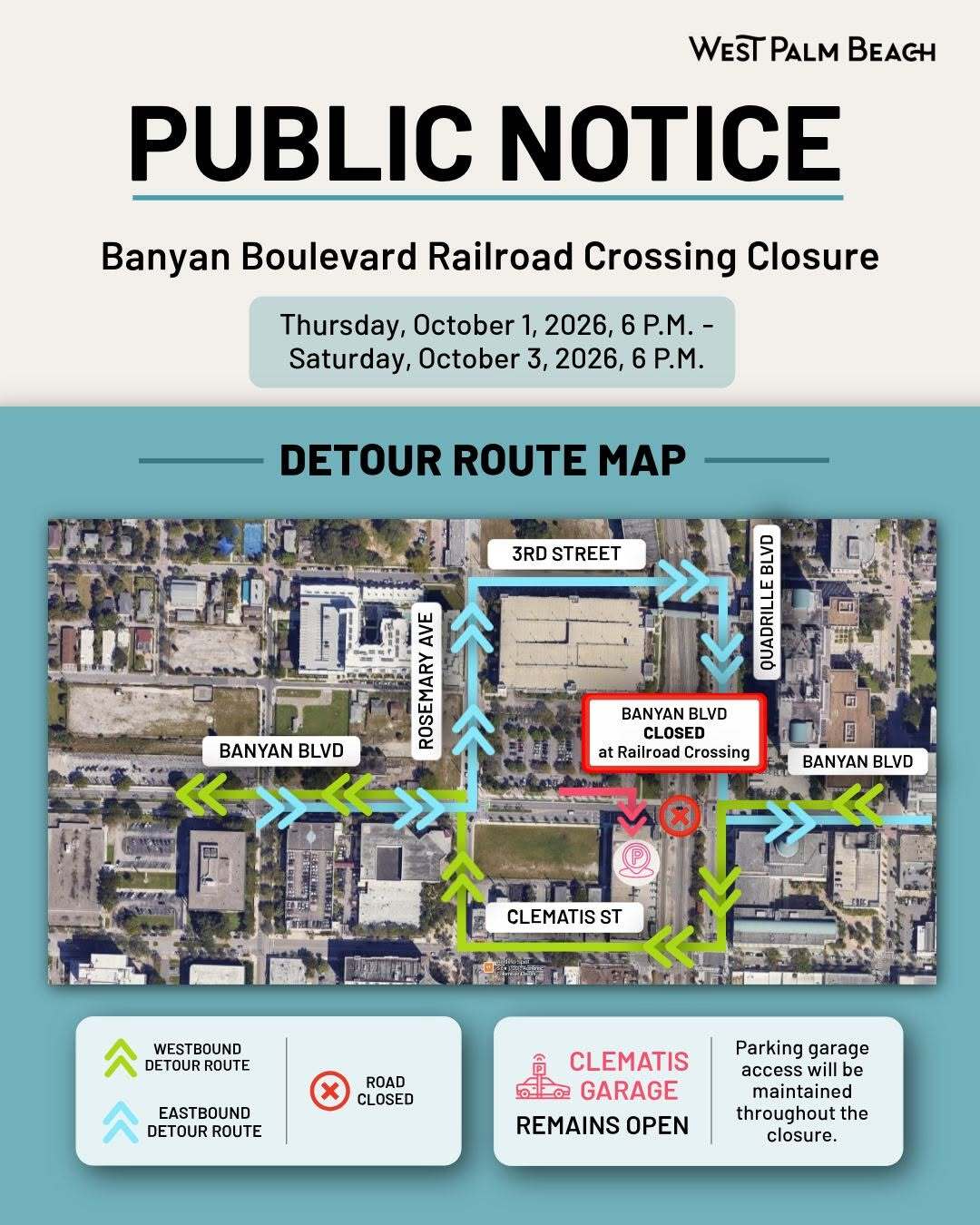 Traffic Alert: Banyan Boulevard Railroad Crossing Closure | Thursday, October 1 – Saturday, October 3, 2026