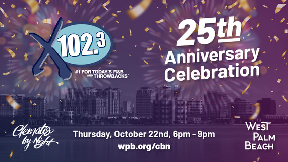 x102.3’s 25th Anniversary at Clematis by Night. Happening Oct. 22 on the Great Lawn from 6-9 PM 
