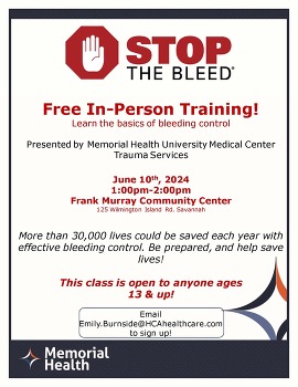 Stop The Bleed training with Memorial Health, hosted by Frank Murray Community Center on June 10th from 1:00-2:00pm