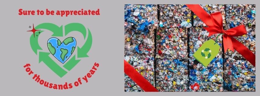 Image of recyclable material wrapped with a bow, alongside recycling symble