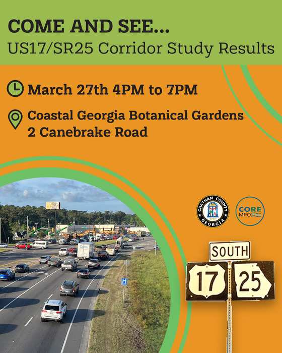 Flyer in English promoting the study open house with a picture of heavy traffic and traffic sign for highway 25