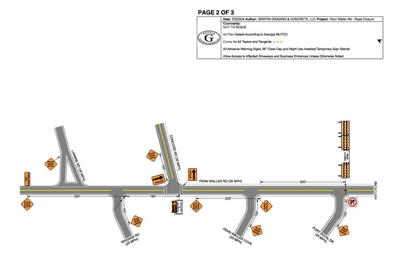Shows the area of closure for Penn Waller Road