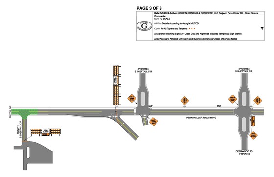 Shows the area of closure for Penn Waller Road