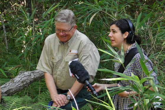 Tom Patrick discusses monkeyface orchids with WABE-FM reporter Molly Samuel (Rick Lavender/DNR)