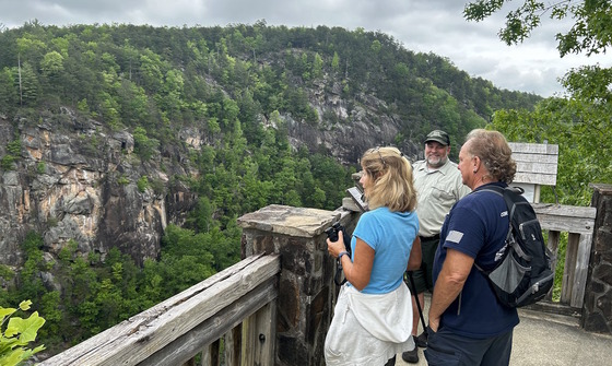 Tallulah Gorge Park visitors in blue at wood-fenced overlook showing gray rock and green trees of cliff face in distance