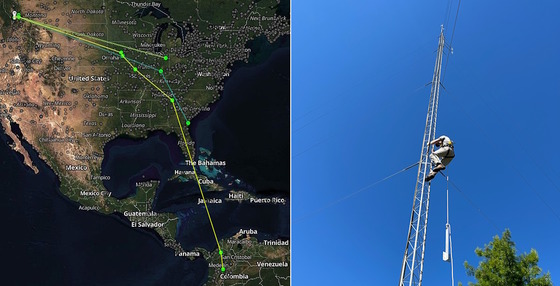 Left: brown/black map of America with green line marking migration; right, person climbing tower against blue sky