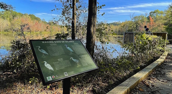 Gray sign in brown/green woods with lake in background fringed in brown/green/orange foliage