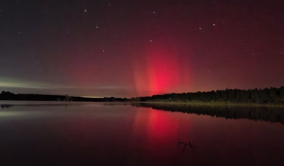 Rose colored lights glow on dark night horizon, reflecting off water