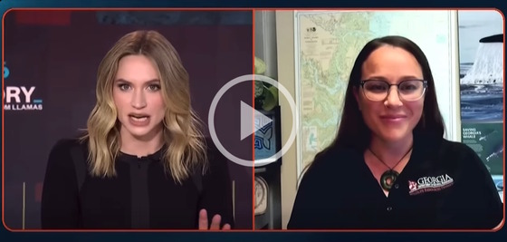 Split-screen shot of woman (left) interviewing DNR biologist on dark background