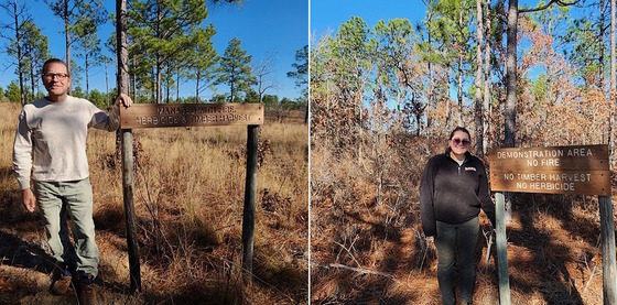 Two images: each of one DNR staff member by a sign in front of a wooded tract