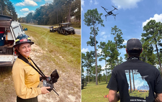 Two images: left, woman in yellow fire gear with drone controls; right, man in black shirt flying a black drone above 