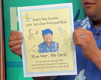 A photo of Waianae Elementary Principal Konno with blue hair