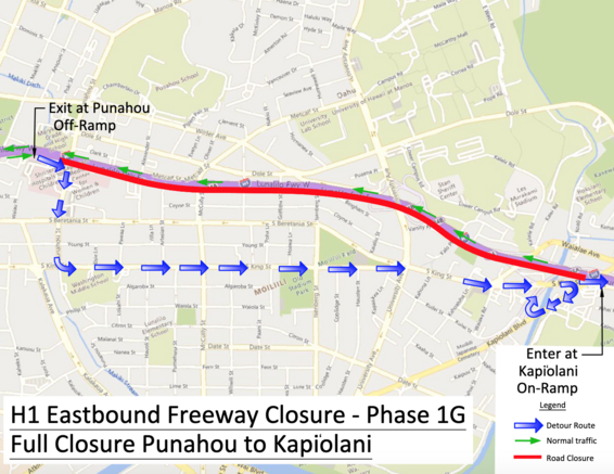 Map showing H1 Eastbound Freeway Closure from Punahou exit to Kapi'olani on ramp