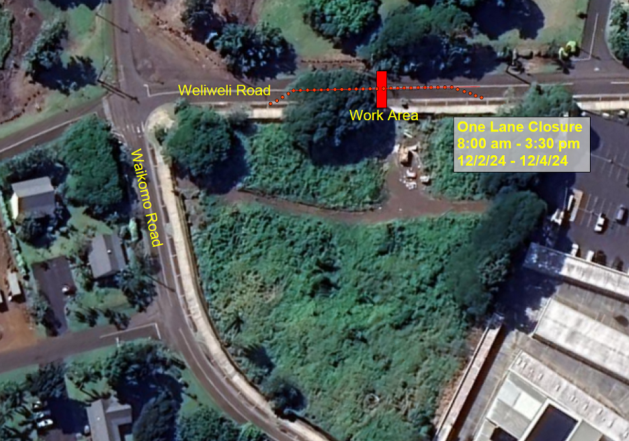 One-lane closure of Weliweli Road in Koloa from Dec. 2 to Dec 4 from 8 a.m. to 3:30 p.m.