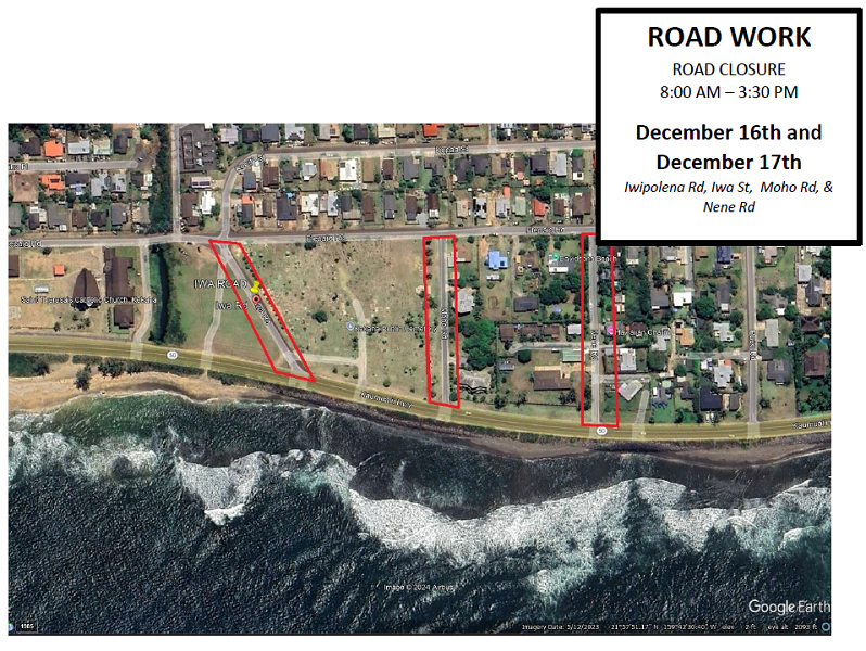 Lane closures for portions of Kekaha Dec. 16 and Dec. 17 from 8 a.m. to 3:30 p.m.