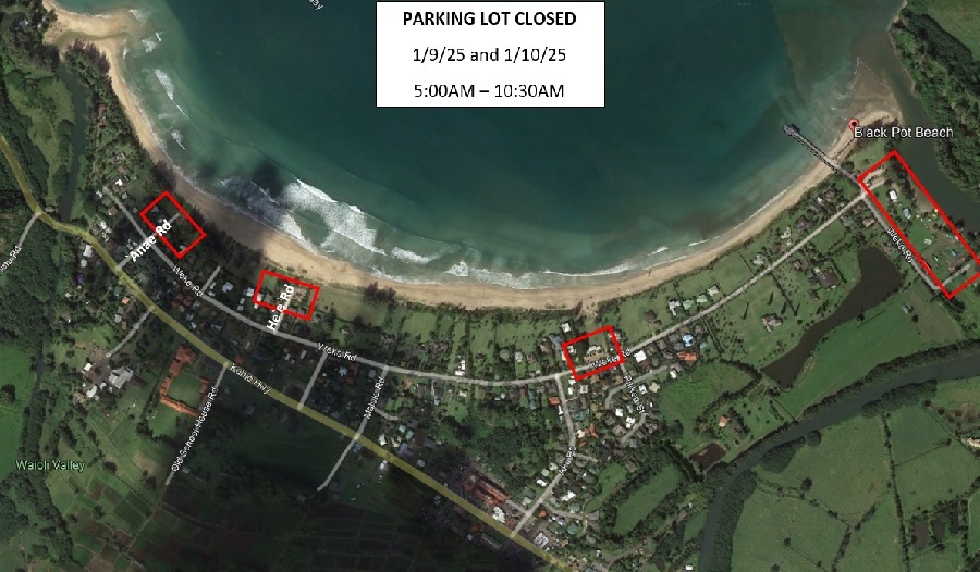 County parking lots at Hanalei Bay will be temporarily closed on Jan. 9 and Jan. 10 from 5 to 10:30 a.m.