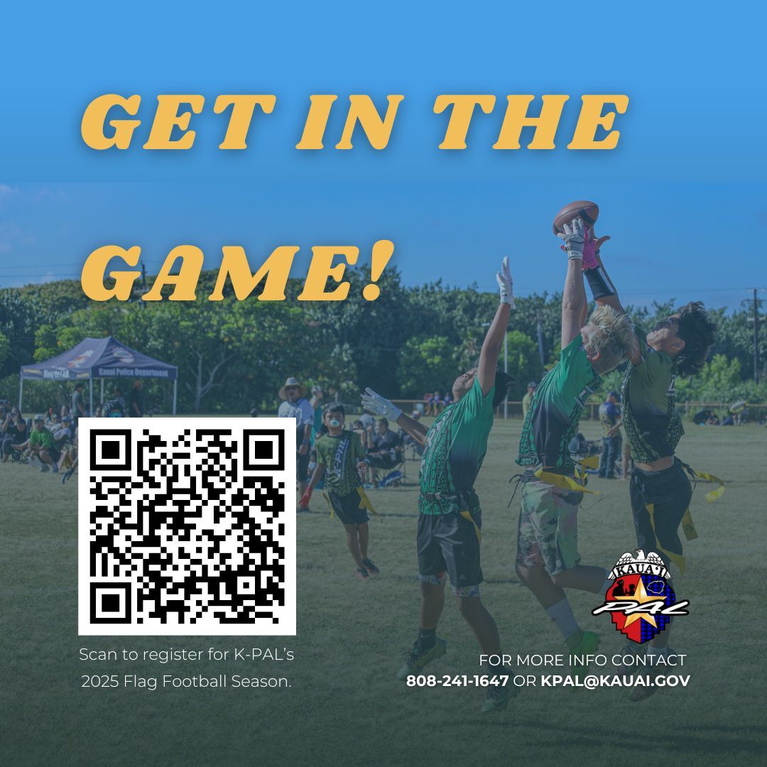 Flyer with K-PAL flag football players, K-PAL logo, QR code