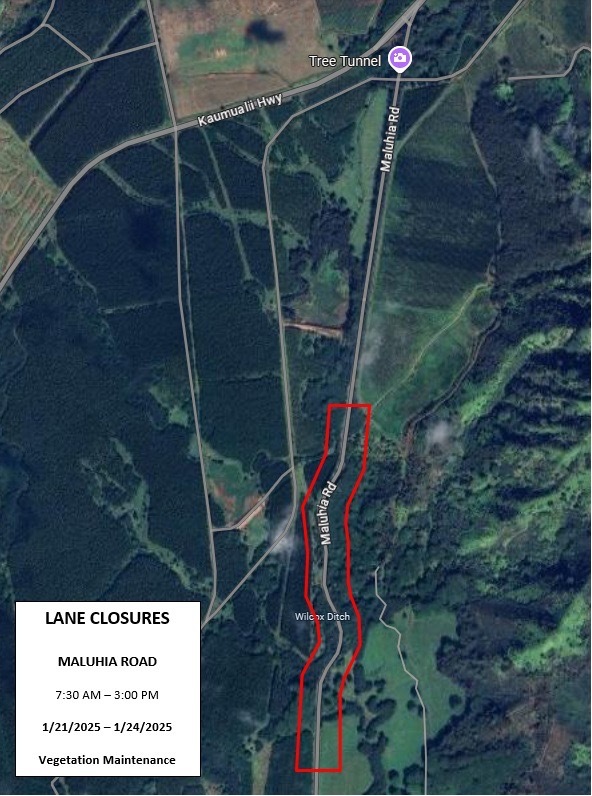 Single-lane closures along a portion of Maluhia Road in the vicinity of the S-turns, Jan. 21 to Jan. 24
