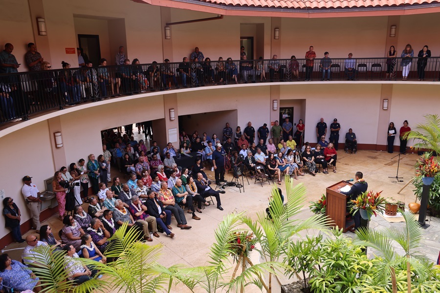 A crowd of over 150 people gathers at Līhu‘e Civic Center for Mayor Derek S.K. Kawakami’s 2025 State of the County address on March 13, 2025.