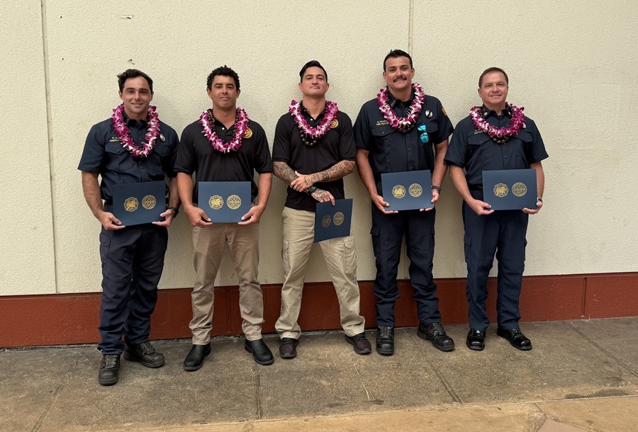 From left to right: FFI Ryan Allen, OSO II Mattaniah Milbrand, OSO II Kesava Davis, FFI Matthew Mauricio and Fire Captain Chauncey Pa.