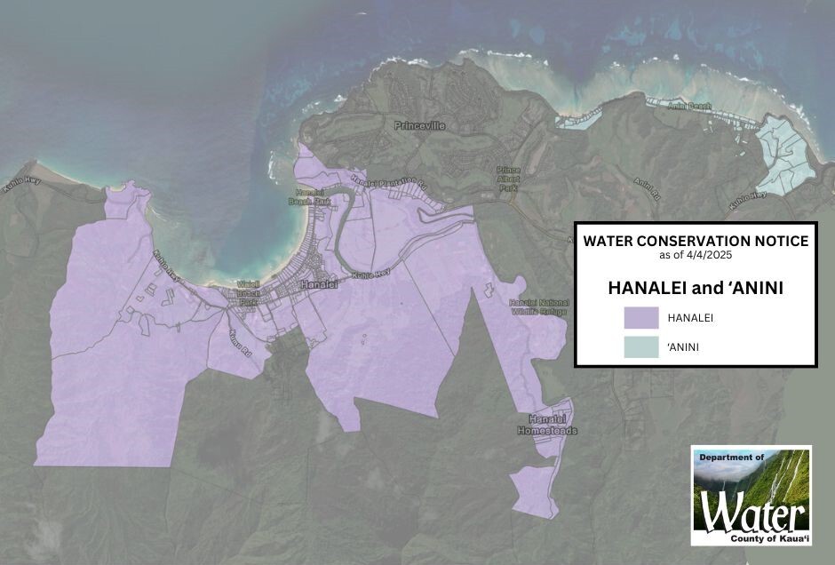 Water conservation notice as of 4/4/2025.  Hanalei and ʻAnini.  Lavendar represents Hanalei.  Light blue represents ʻAnini.