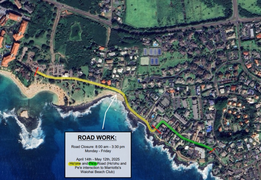 One-lane closure for portions of Ho‘one Road April 14 to May 12, weekdays, from 8 a.m. to 3:30 p.m.