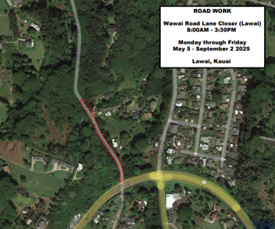 Road work and lane closure of Wawae Road scheduled May 5 to Sept. 22, from 8 a.m. to 3:30 p.m.