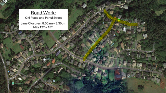 Map of Oni Place and Panui Street road work.