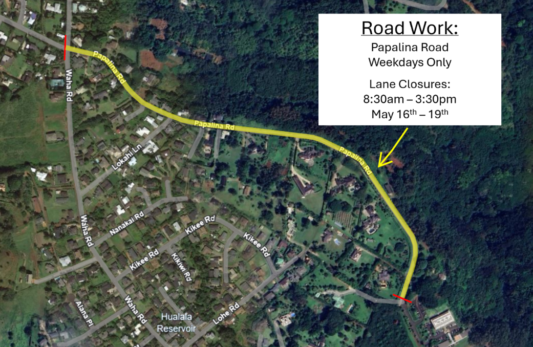 Map of Papalina Road lane closure. 
