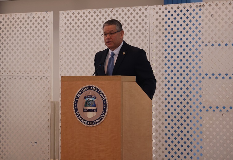 Former Chief Michael Contrades, representing Mayor Derek S.K. Kawakami, speaking at the Change of Command ceremony.