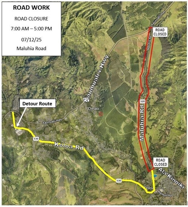 Maluhia Road to close July 12, 2025, from 7 a.m. to 5 p.m.