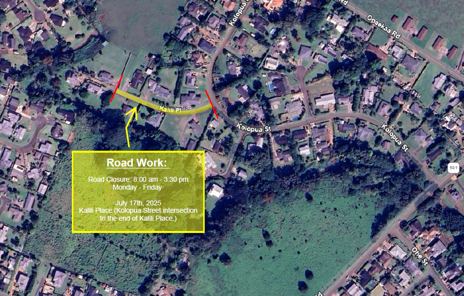 Map of Kalili Place lane closure.