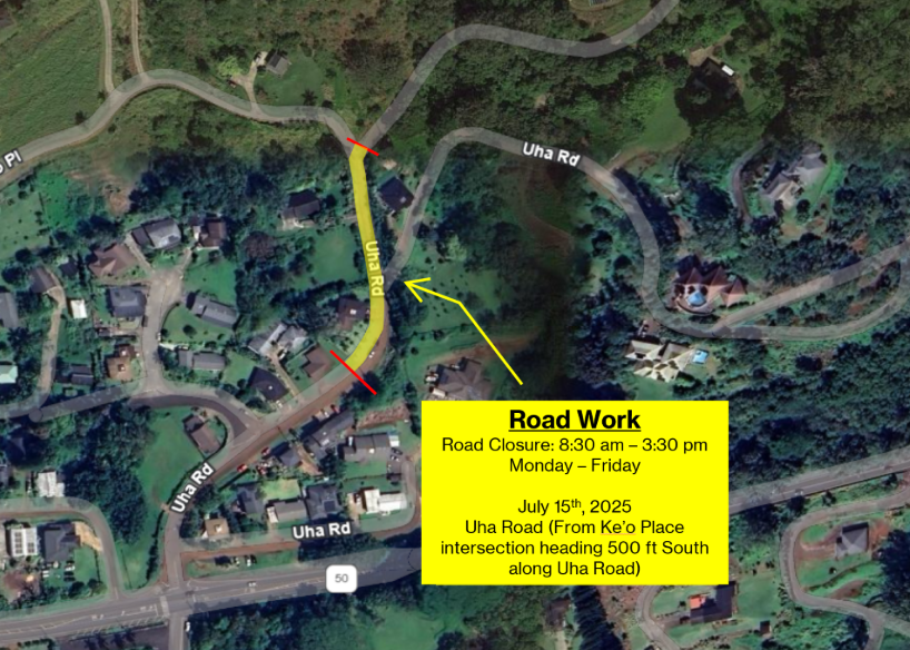 Map of Uha Road lane closure.