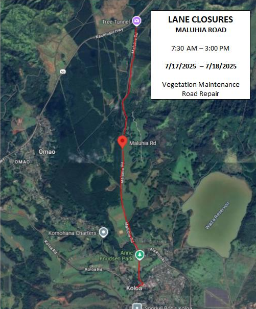 Map of Maluhia Road lane closure. ###
