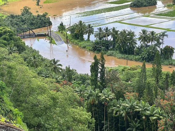 Due to elevated water levels, Kūhiō Highway near the Hanalei Bridge remains closed until further notice.