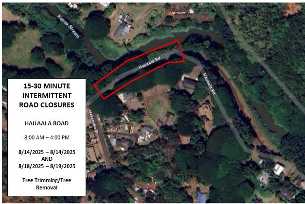 Map of road closures on Hauaala Road. ###
