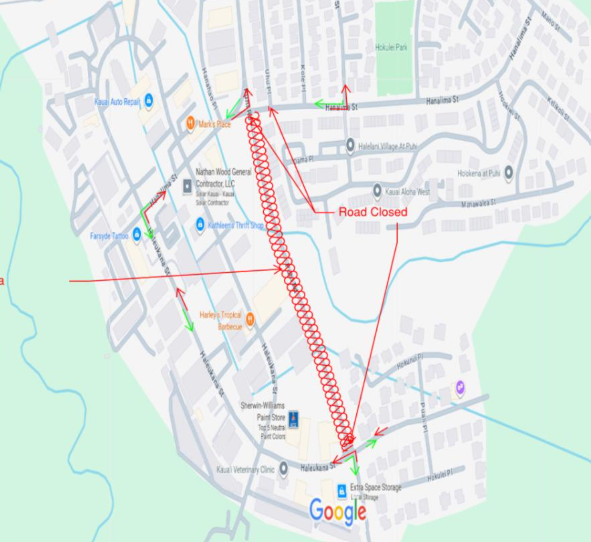 Map of road closure on Puhi Road. ###