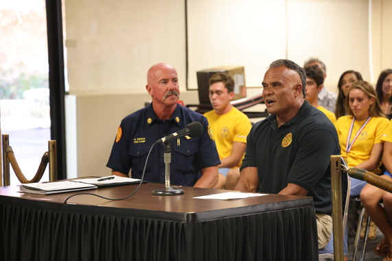 Kaua‘i Fire Department Chief Michael Gibson (left) and Ocean Safety Bureau Chief Kalani Vierra address the Fire Commission. ###